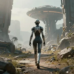 in a vast strange detailed alien landscape, a humanoid wearing sleek but simple body armor with glowing parts walks towards an outpost, dramatic lighting, light fog, 8 k cg render, trending on artstation