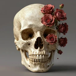 skull, 3 d render ultra detailed, technology vs nature, split in half, roccoco roses falling out of the face, beautiful natural soft light, unreal engine, octane render, photorealistic by michael komarck, greg rutkowski, victo ngai, artgerm, willem claesz heda and j. dickenson
