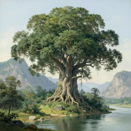 a mountain sized inhabited kapok tree that grows on the side of a river, by Ivan Kramskoi, fantasy, beautiful, intricate
