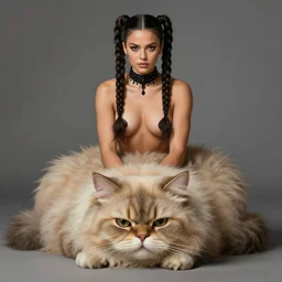 muscled Mila Kunis with braided pigtails hair and sitting on her giant sadled fuzzy cat, wearing intricate black choker, elegant, highly detailed, centered, digital painting, artstation, concept art, artgerm, donato giancola, Joseph Christian Leyendecker, WLOP, Boris Vallejo, Artgerm