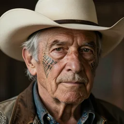 elderly cowboy with facial tattoo, close up, portrait, hyper - realistic