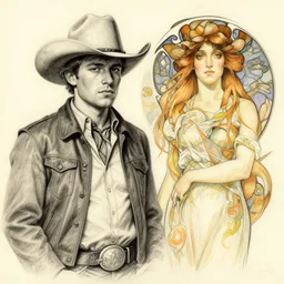 hyperrealist pencil sketch of a cowboy david malan and alphonse mucha, fantasy art, drawing, dynamic lighting, artstation, poster, volumetric lighting, very detailed faces, 4 k, award winning