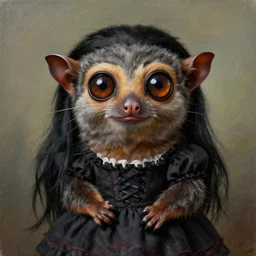 cute goth anthropomorphic tarsier with long black hair and brown eyes wearing a dress, painting, realistic, high definition
