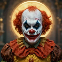 monster putin clown by mandy jurgen, ugly, coward, hyper realistic, sharp focus, depth of field, hyper detailed visionary art, symmetric, magic symbols, holy halo, dramatic ambient lighting, high detail, vibrant colors,