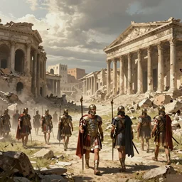 detailed ultra - realistic graphic novel illustration of patrolling legionnaires, desolated city district, ancient rome, by famous digital artists, cinematic, full shot