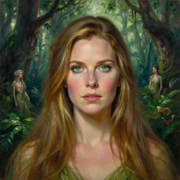 Portrait of Carrie Fisher as a dryad, characteristic sparkling green eyes, looking straight to the camera, illuminated for rays of light, behind her is an ancient forest full of life, by Annie Leibovitz, Ellie Victoria Gale and Steve McCurry, matte painting, oil painting, naturalism, 4k, 8k