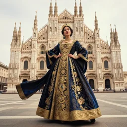 full body portrait photo of women like reol from a distance wearing ornate royal clothing in front of the cathedral in the distance, realistic, dynamic perspective pose, skin tinted a warm tone, hdr, rounded eyes, detailed facial features, blue black gold, takashi murakami