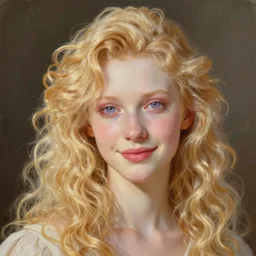 a striking hyper real painting of Lucius the pretty pale androgynous albino blond prince, golden hour, beautiful delicate smile soft pink lips and lavender eyes, long fluffy curly light blond hair, STRAWBERRY BLOND, by Jan Matejko