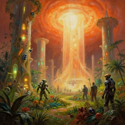 vapourware colours lush garden dramatic perspective organic 3 d fractal a minimalist bioluminescent microscopy, gigantic pillars, maschinen krieger, beeple, the matrix, star wars, ilm, star citizen, mass effect, oil painting by donato giancola, chris foss, warm coloured, cinematic scifi with giant bright translucent fury road in space, artstation, atmospheric perspective