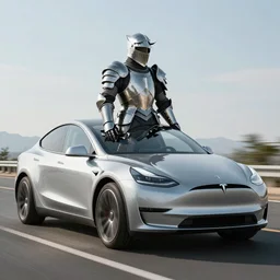 “armored knight drives Tesla”