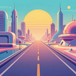 a beautiful and immaculate retrofuturism fantasy. view from afar. vector rendering. outrun style. leading lines. vanishing point. trending on artstation. by chris moore. beeple colors.