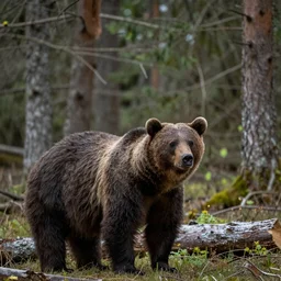 a grizzly bear in the foreground, forest in the background, hieronymus bosch