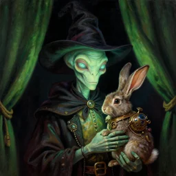 a close - up portrait painting of a whimsical glowing alien wizard magician holding a steampunk rabbit. green curtains, gloomy dark black background. highly detailed science - fiction painting by norman rockwell, moebius, frank frazetta, and syd mead. rich colors, high contrast. artstation