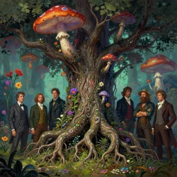a beautiful digital illustration painting of a detailed fantasy tree trunk and roots, psychedelic trippy mushroom, flowers by benoit b. mandelbrot, steven belledin, martin johnson heade, lee madgwick, caspar david friedrich, and david rios ferreira. 8 k resolution trending on artstation concept art digital illustration