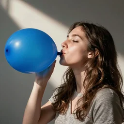 Amy Jackson mouth inflating a blue balloon
