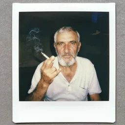 polaroid of an old russian man holding a cigarette between 2 fingers, summer 1 9 9 6