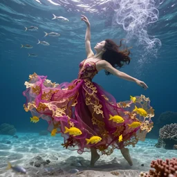 woman dancing underwater wearing a long flowing dress made of many translucent layers of magenta and gold lace seaweed, bolts of bright yellow fish, delicate coral sea bottom, swirling silver fish, swirling smoke shapes, unreal engine, caustics lighting from above, cinematic, hyperdetailed