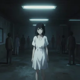 creepy woman wearing white dress standing in the backrooms, psychological horror, the eerie forlorn atmosphere of a place that's usually bustling with people but is now abandoned and quiet, buzzing fluorescent lights above the ceiling, unsettling images, liminal space, dark, art by makoto shinkai