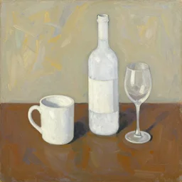 abstract oil painting on paper of a still life, with a white mug, white wine bottle, wine glass, on a table, in the style of john craxton, similar aesthetics to picasso, cezanne.