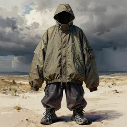 a color sketch of a streetwear anorak designed by balenciaga inspired by kikyo's outfit