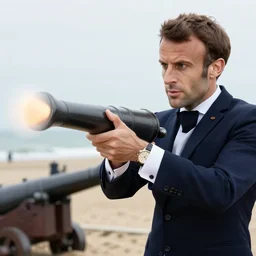 closeup portrait of emmanuel macron dressed as napoleon firing cannons on the beach england, natural light, sharp, detailed face, magazine, press, photo, steve mccurry, david lazar, canon, nikon, focus