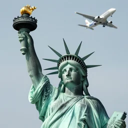 statue of liberty holding cyberpunk torches, planes flying overhead, fantasy, rich detail, 8 k
