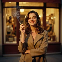 standing portrait of ecstatic mila kunis looking into the camera standing smoking a cigarette, warm street lights store front, 1 9 6 0 s technicolor, intricate, moody, personal, highly detailed, short focus depth, donato giancola, joseph christian leyendecker, frank frazetta, alex horley, ralph horsley, michael whelan, 2 0 0 mm focal length