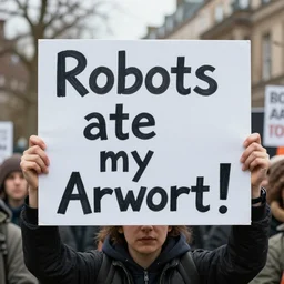 high quality photojournalism, editorial photography, protestor holding up a sign, the sign reads robots ate my artwork!