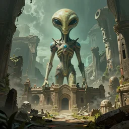 ancient alien civilization, ambient, ruins, digital art by wlop, detailed, volumetric lighting