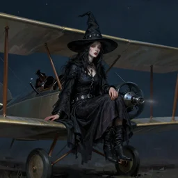 portrait of a witch sitting on a biplane wing at night, biplane biplane biplane, medium shot, digital painting, highly detailed, sharp focus, beautiful face, by luis royo and tom bagshaw and artgerm