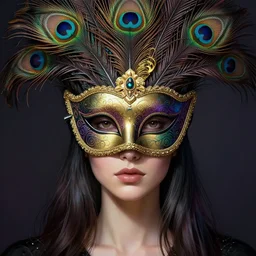 centered detailed portrait of a masked woman wearing a venetian mask, vibrant peacock feathers, intricate, elegant, highly detailed, digital painting, artstation, smooth, sharp focus, illustration, illuminated lines, outrun, vaporware, intricate venetian patterns, cyberpunk darksynth, by ruan jia and ilya kuvshinov and alphonse mucha