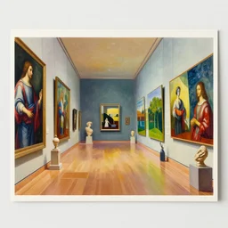 an achingly beautiful print of the interior of a modern art museum with vibrant paintings lining the walls, classical antiquities on display by Raphael, Hopper, and Rene Magritte. detailed, romantic, enchanting, trending on artstation.