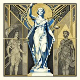 ( ( dither ) ), editorial illustration full body portrait statue of lady justice, modern art deco, blue + gold + white + black, ( ( mads berg ) ), christopher balaskas, victo ngai, moebius, rich grainy texture, detailed, dynamic composition, wide angle, risograph