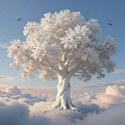 a beautiful digital painting of a tree merged in the clouds, in the skies, intricate white branches and birds flying in the sunlight, pristine marble trunk, blue sky at sunset, elegant, highly detailed, artstation, concept art, matte, sharp focus, art by tom bagshaw, kelogsloops and greg rutkowski