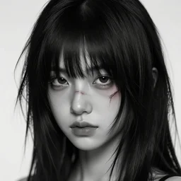 19-year-old girl with shaggy black hair, hair over her eyes, very long bangs, hime cut, gray skin, scar, battle scar, close up, digital art