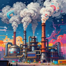a digital cyberpunk mural of a massive factory pumping out billowing clouds of creative images and carbon emissions from a tall smokestack, by greg rutkowski, vibrant, colourful, 4k, lens flare, panoramic, cyberpunk