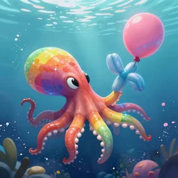 rainbow octopus caught balloon animal under water. art by pixar