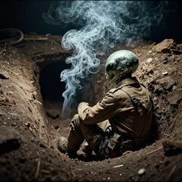 smoke, tilt shift wwi alien pondering over a dug out trench, dramatic light, zdzidaw, ultrafine, hyperrealistic, 3 2 k, 3 5 mm film still, movie
