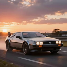 exotic futuristic sportscar race designed by delorean pininfarina and vw design, circa 9, 0 0 0, sunset background, hdr, photorealistic, volumetric lighting, 8 k, bokeh