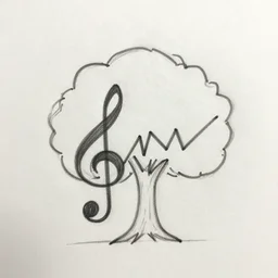 a sketch of an acorn that turns into a tree in the shape of a treble clef with a zigzag line in the middle, single line drawing