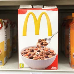 mcdonald's cereal box on a grocery store shelf