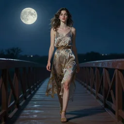 hyper realistic painting of a woman walking on a bridge in a beautiful moonlit night