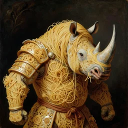 master shot of half boy half rhino made of spaghetti, intricate armor made of spaghetti fractals, ancient warrior, samurai style, by giuseppe arcimboldo and ambrosius benson, renaissance, intricate and intense oil paint, a touch of beksinski, realistic