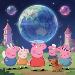 a painting of very well dressed goats, medieval peppa pig, cyberpunk art by android jones and mike beeple winkelmann, dachshund blobfish, the universe is a spheroid region 7 0 5 meters in diameter, dream palace, cute animals and magic portals, cinematic, highly detailed, blender 3 d, trending on cgsociety, 3 d render, rendered in octane