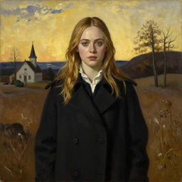 Elle Fanning in a black coat, religious masterpiece portrait, oil on canvas, golden hour, in the world of Andrew Wyeth and Bloodborne, artstation, by J. C. Leyendecker and Peter Paul Rubens,