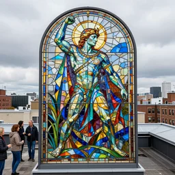 stunning intriguing polished painted massive stained glass sculpture of a mythical hero on a city roof + ellen jewett, sayaka ganz, edouard martinet, john o'reilly and judith klausner
