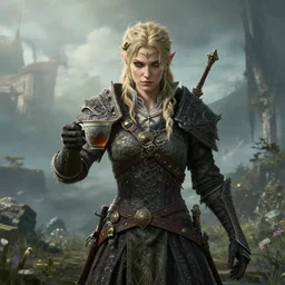highly detailed elden ring portrait photo of a flamewalker wielding carrying a cup of tea in a scenic dystopian environment, hyperrealistic illustration by william didier - pouget