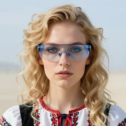vertical photo closeup of traditionally dressed polish female at burning man, blonde, curly hair, symmetrical beautiful face, cyberpunk glasses, cyberpunk decorations and jewelry, native costume, standing in the primitive tent, fashion editorial photography, hyperrealistic, from vogue magazine, reflections, refraction, gold, teal, orange