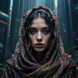 detailed face of a woman clothed wrapped in textiles, lush, opulent, parallel shafts, utopian, tech noir, wet reflections, prism, atmospheric, ambient, pj crook, syd mead, livia prima, artgerm, greg rutkowski, nick alm, casey baugh