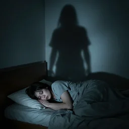 a person sleeping in their bed with a tall shadow hovering over them, creepy, horror, dark theme